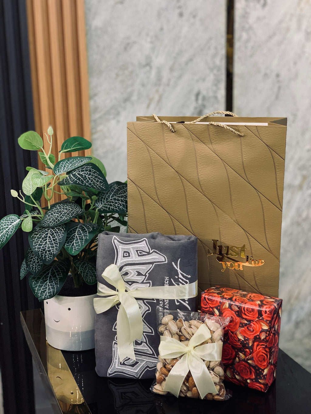 T-Shirt, Nuts & Perfume Gift Hamper – Triple Combo Gift for Him