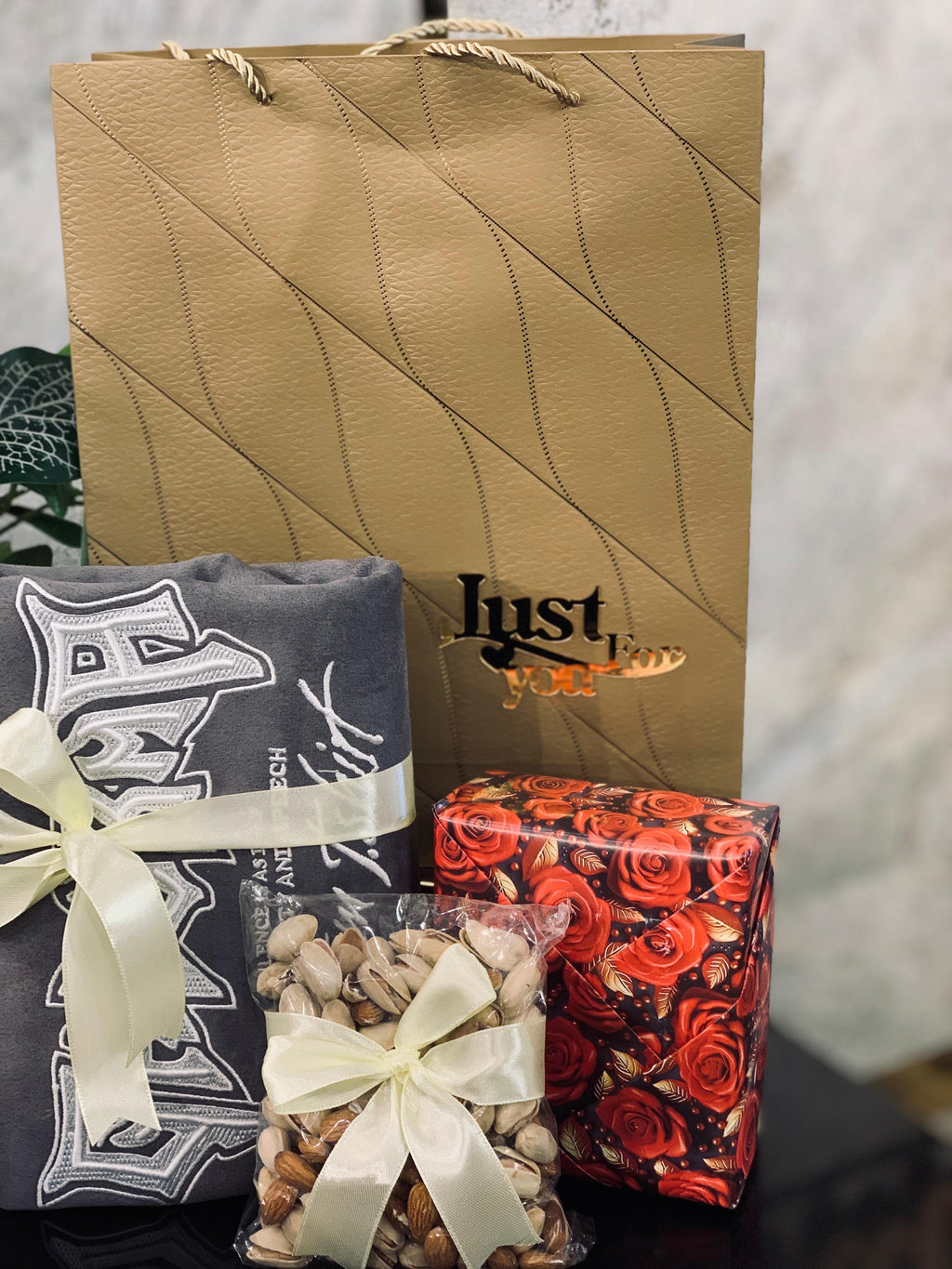 T-Shirt, Nuts & Perfume Gift Hamper – Triple Combo Gift for Him