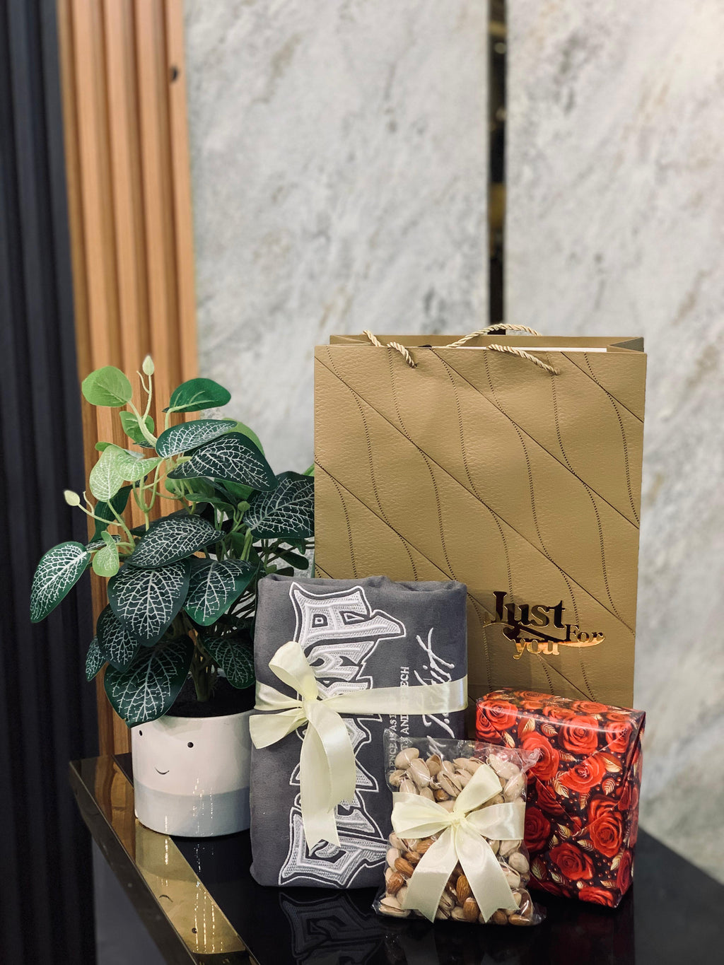 T-Shirt, Nuts & Perfume Gift Hamper – Triple Combo Gift for Him