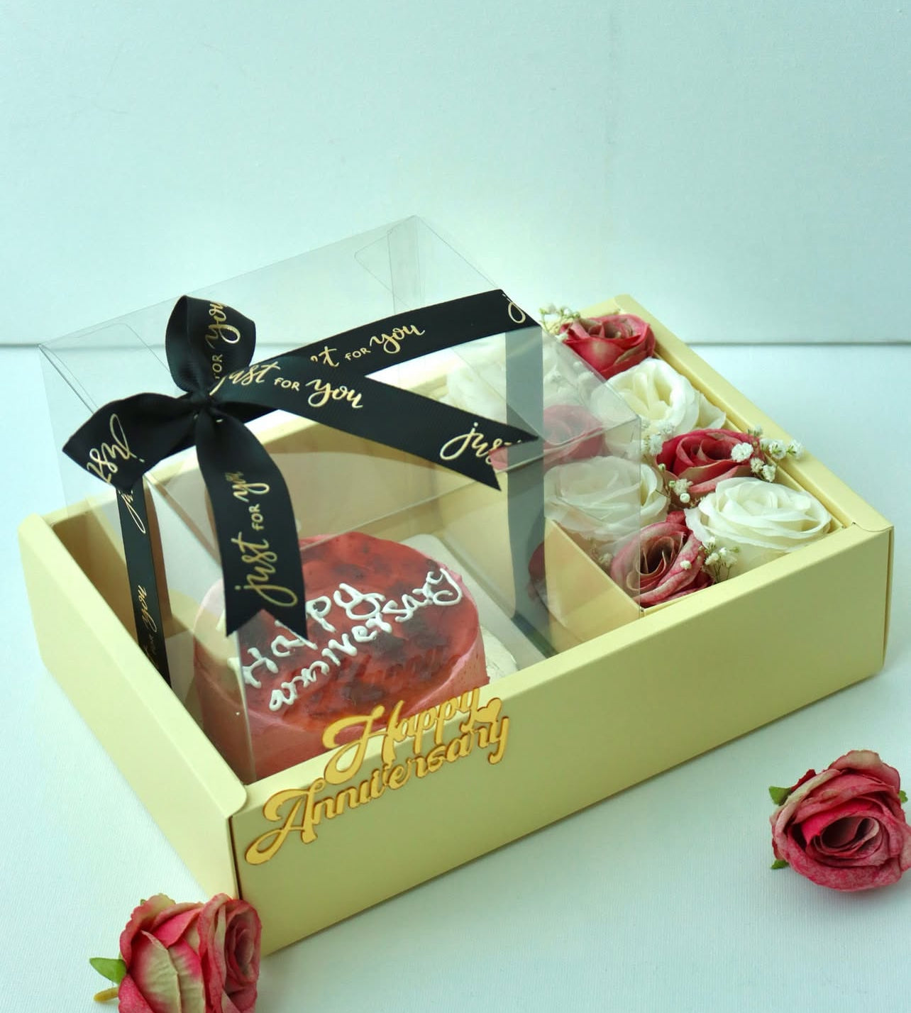 Mini Cake + Rose Flower Box – Happy Anniversary Gift Combo
