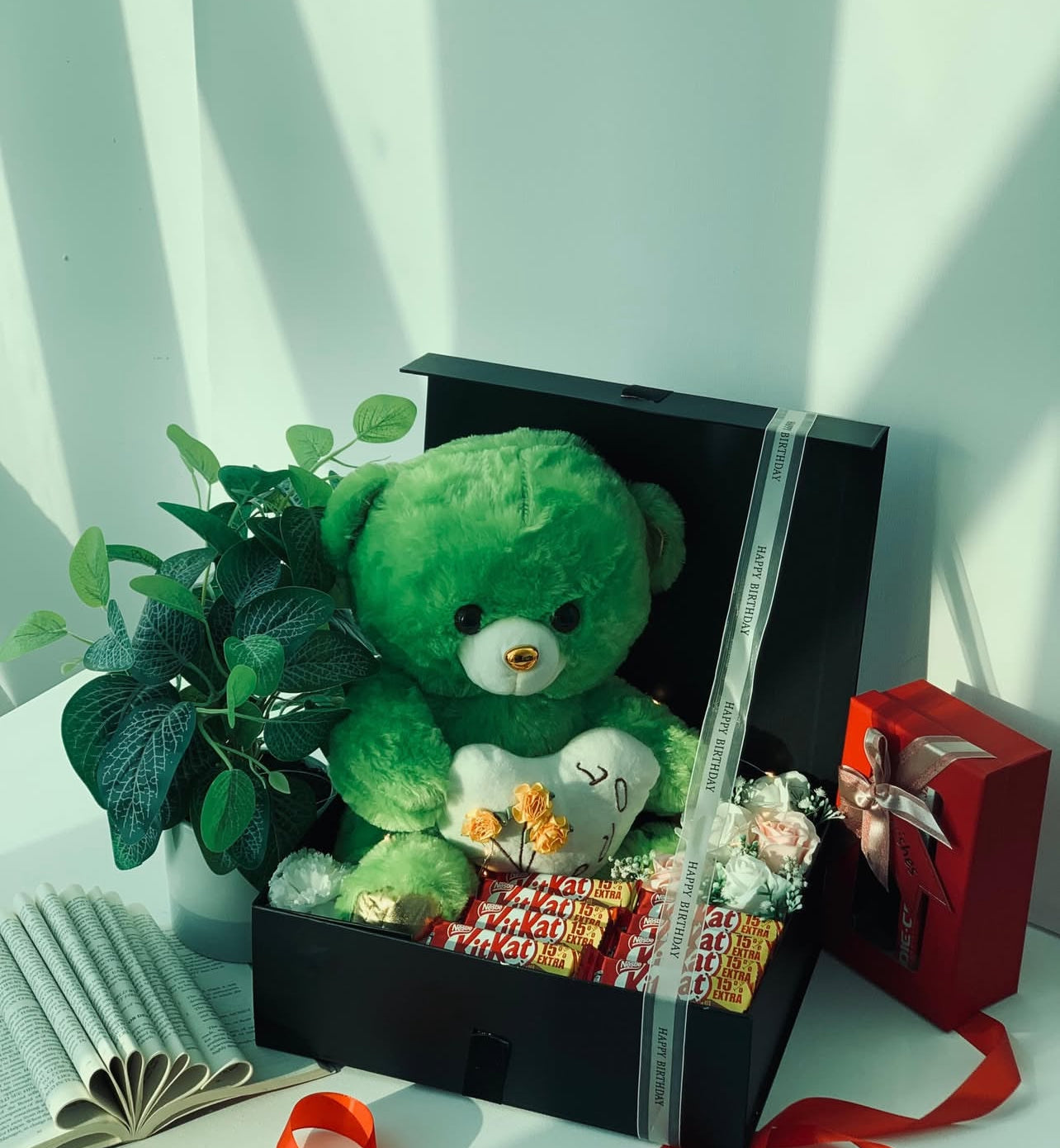 Teddy Bear Birthday Hamper Box – KitKat + Flowers Luxury Gift